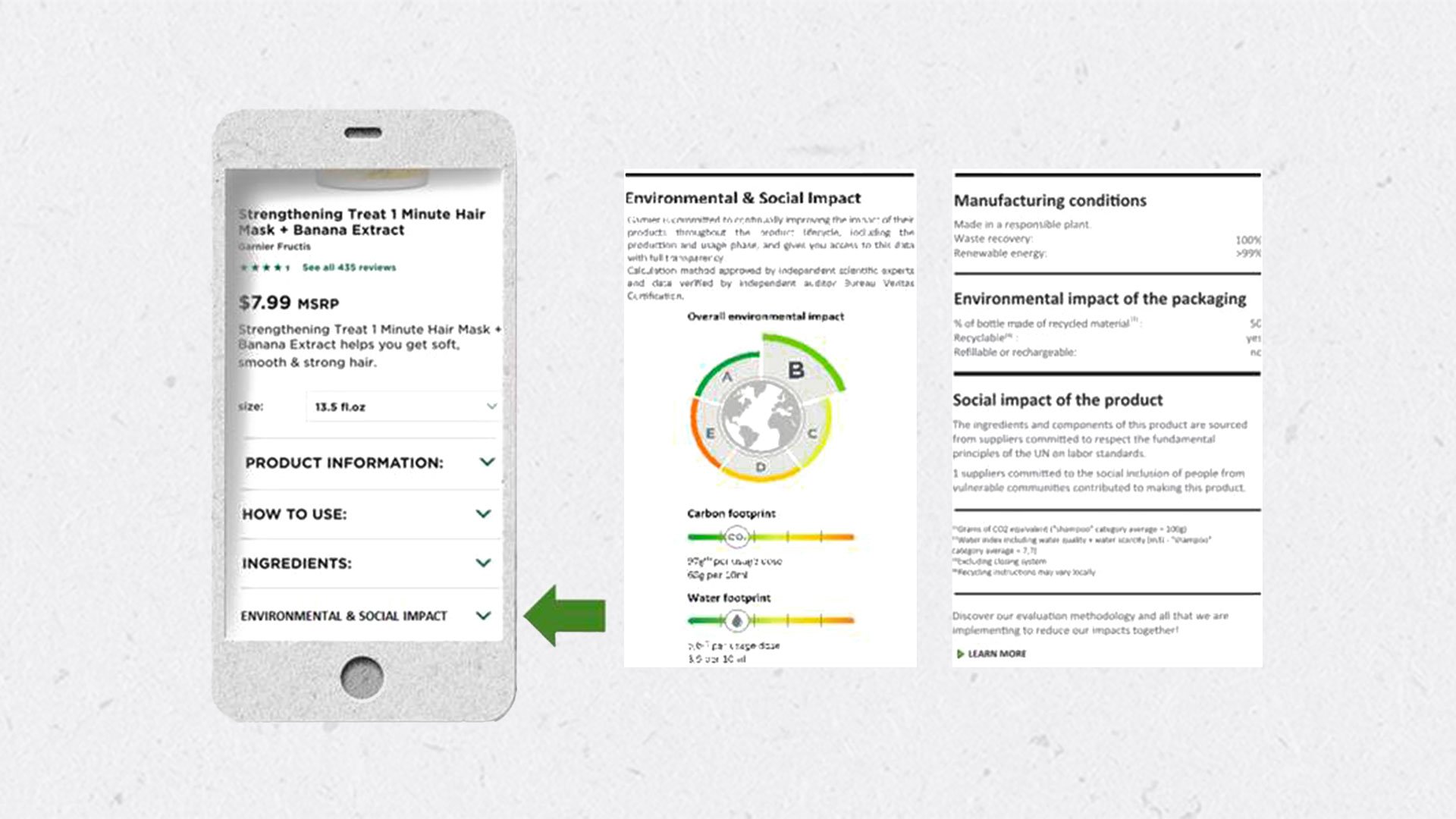mobile phone with arrow showing the environmental impact section on a product page